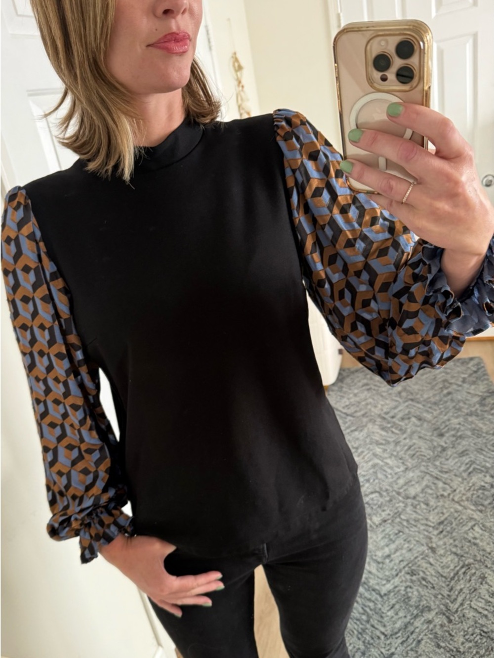 Saint + Sofia Geometric Puff Sleeve Mock Neck Top Size 10